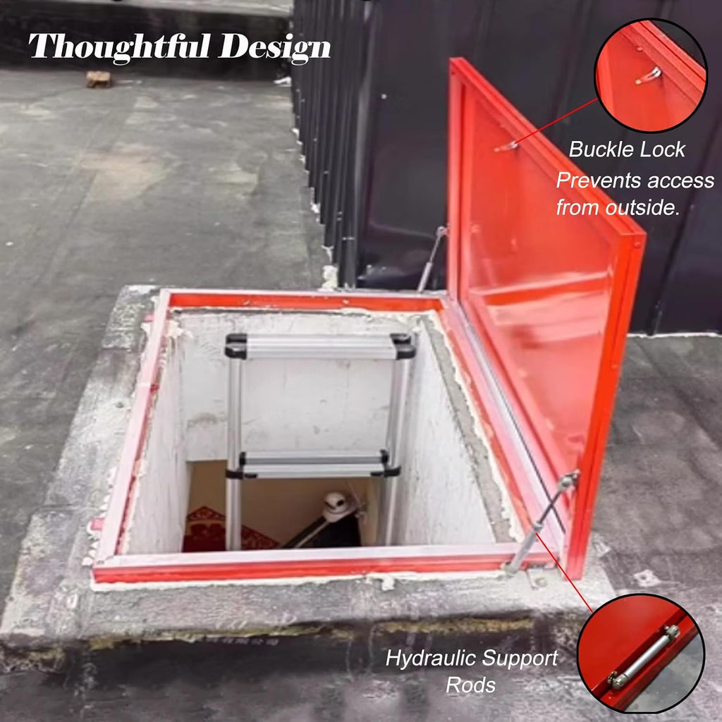 Outdoor Metal Skylight Caps Red Rectangular Basement Outlet Covers with Hasp Latch Gas Shock Mount Heavy Duty Roof Hatch Cover Plate
