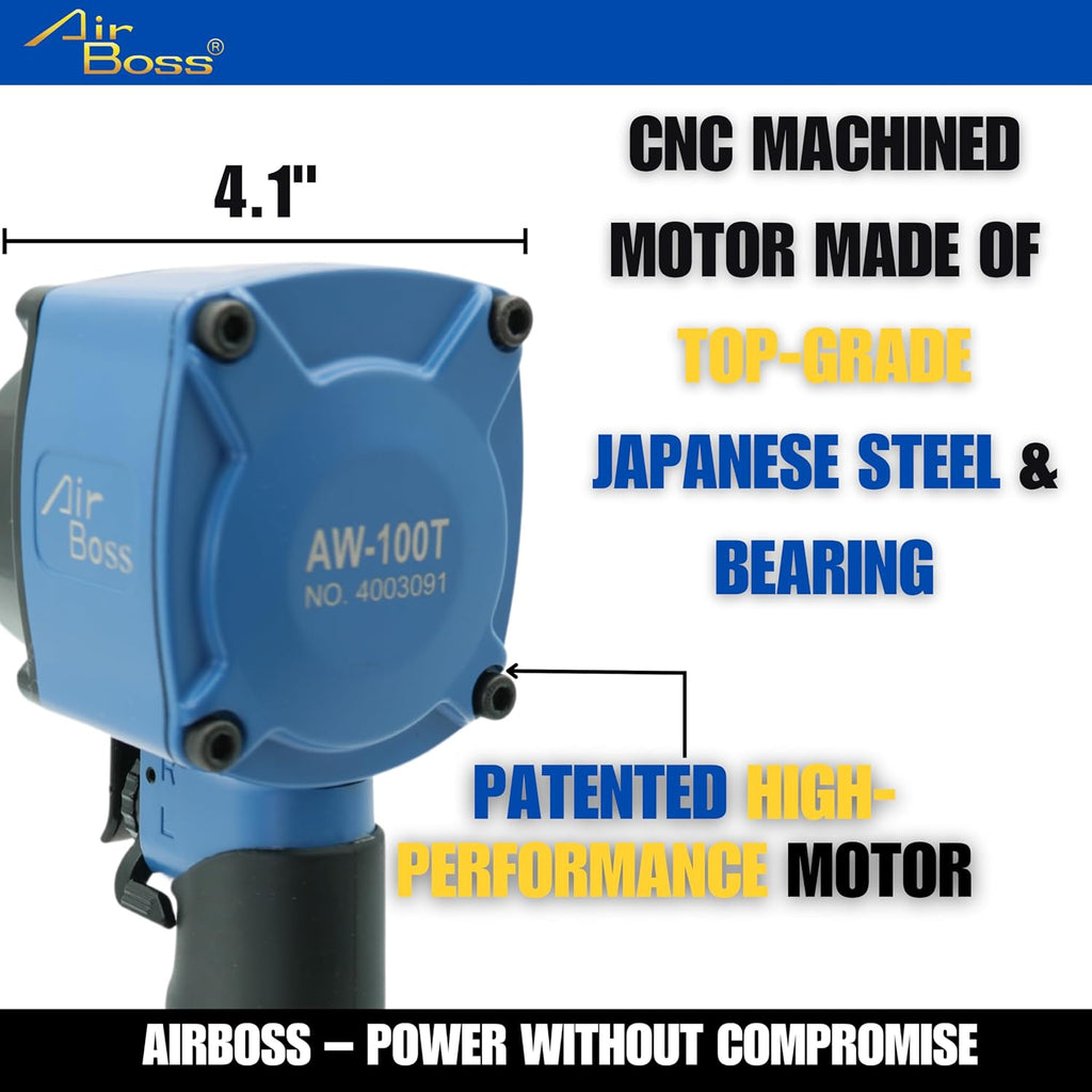 Airboss AW-100T 1/2-Inch Stubby Air Impact Wrench, 700 ft-lbs Breakaway Torque, Twin Hammer, Magnesium Alloy, High Torque Compact Lightweight Pneumatic Tool for Auto Shop Tire Service