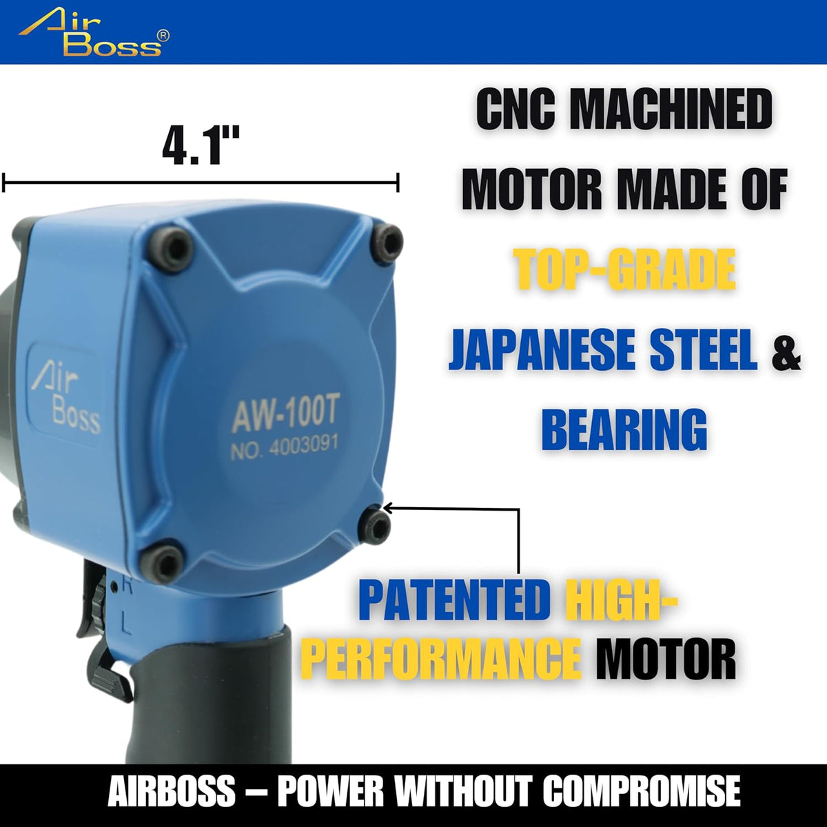 Airboss AW-100T 1/2-Inch Stubby Air Impact Wrench, 700 ft-lbs Breakaway Torque, Twin Hammer, Magnesium Alloy, High Torque Compact Lightweight Pneumatic Tool for Auto Shop Tire Service