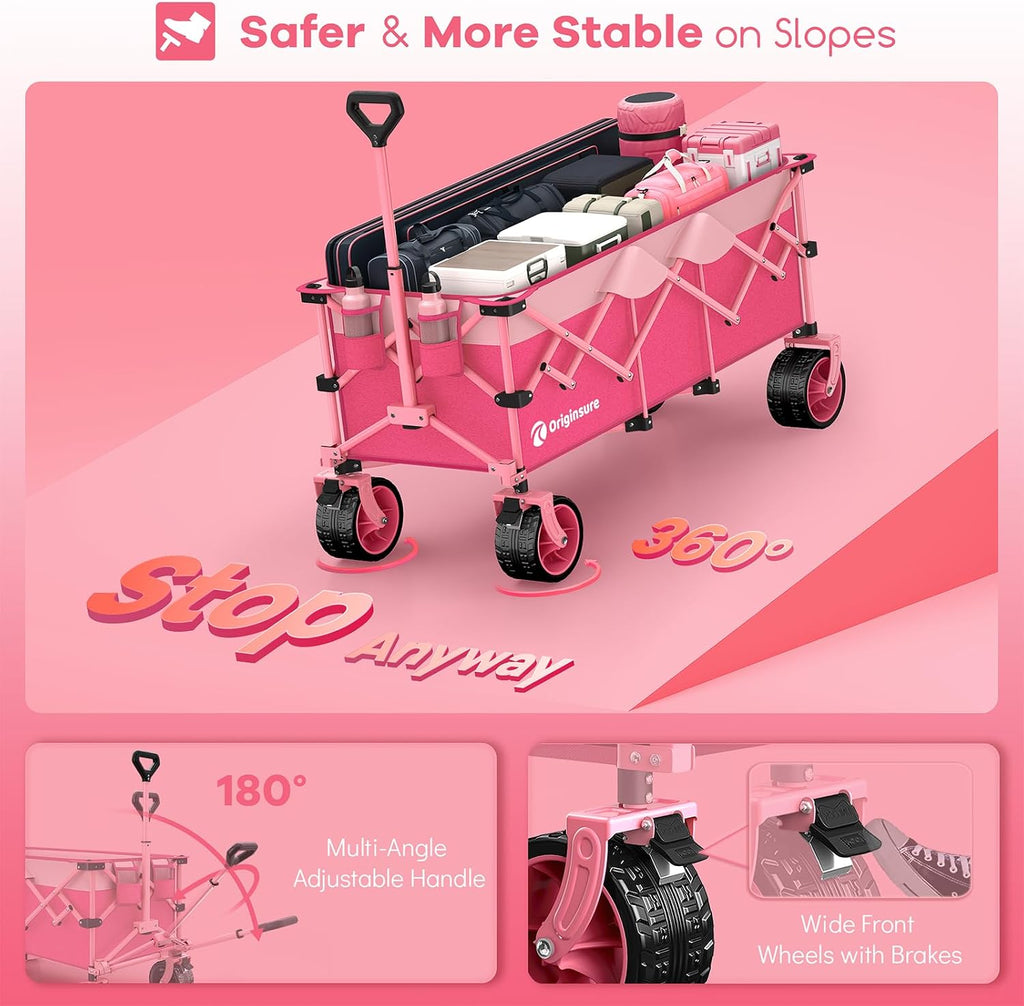 Originsure 48' L Collapsible Wagon Cart Foldable, 560lbs Weight Capacity 300L Heavy Duty Folding Beach Wagons with Big All-Terrain Wheels, Utility Carts for Groceries, Camping, Sports - Pink