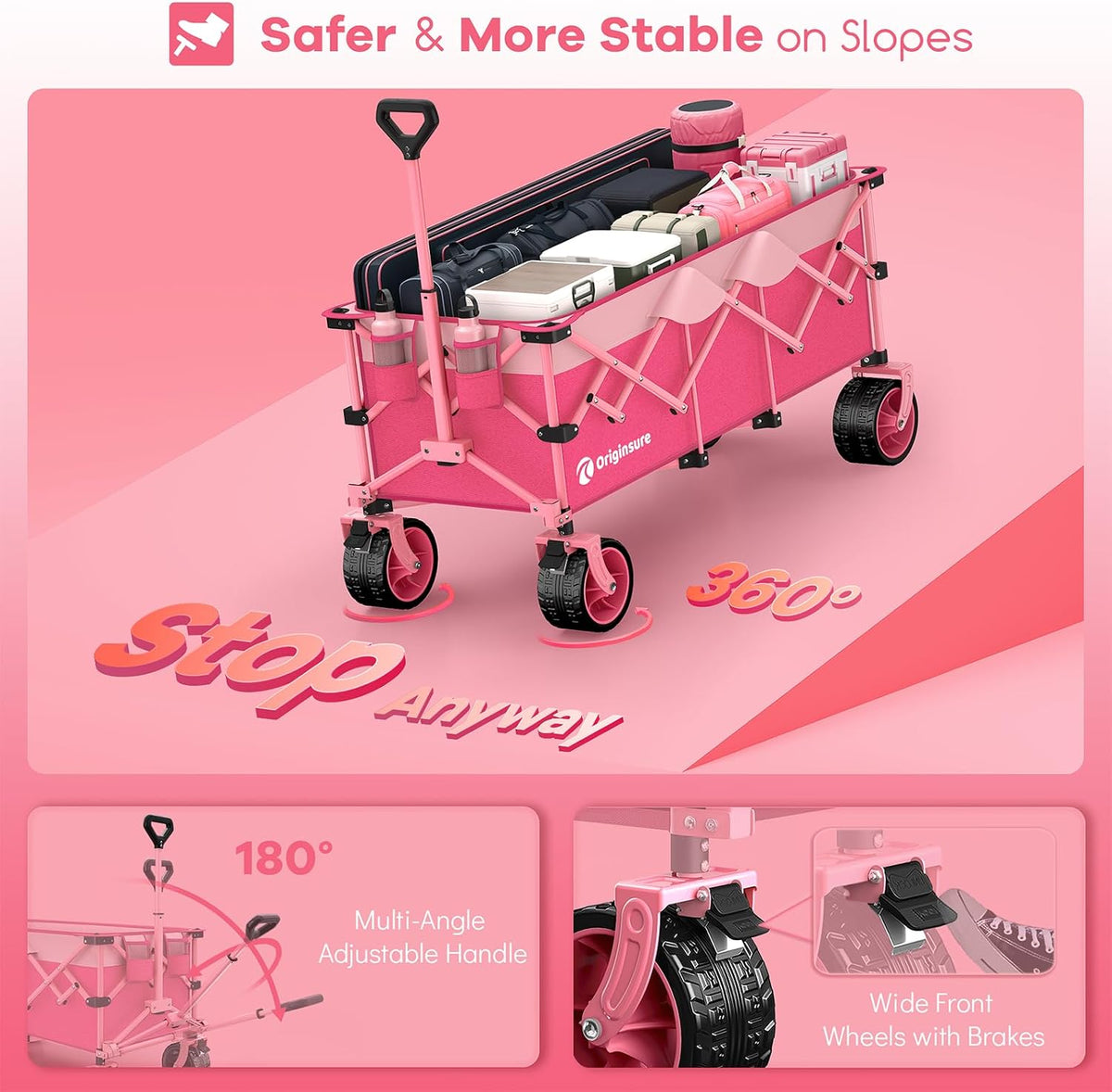 Originsure 48' L Collapsible Wagon Cart Foldable, 560lbs Weight Capacity 300L Heavy Duty Folding Beach Wagons with Big All-Terrain Wheels, Utility Carts for Groceries, Camping, Sports - Pink