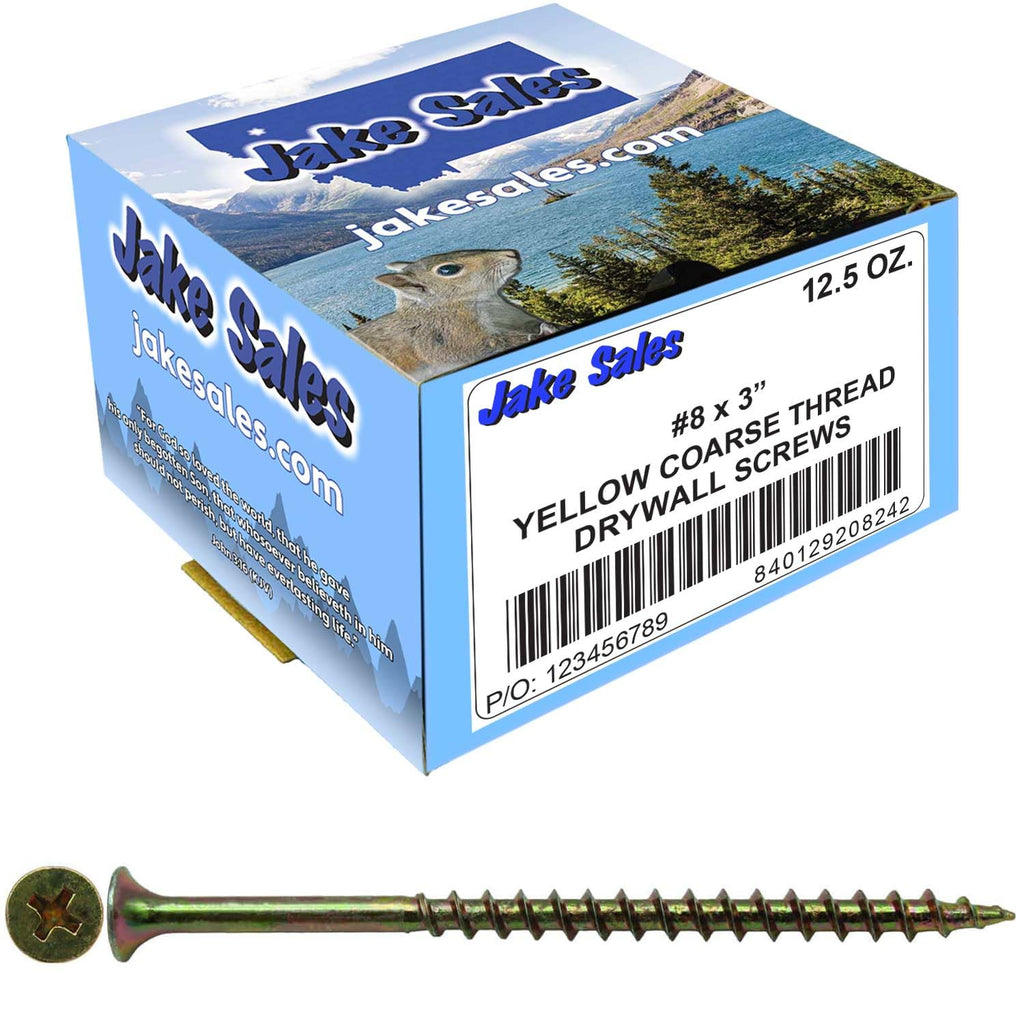 #8 x 3 Yellow ZINC COARSE Thread Drywall, Gypsum Board, Sheet Rock, Plasterboard Screws. CASE Qty 42 Boxes 2,982 Screws