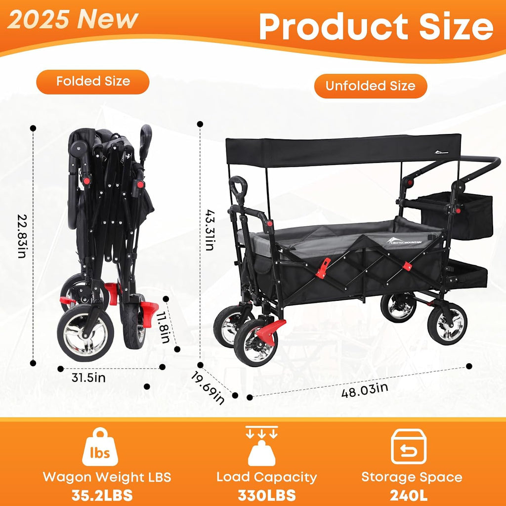 Wagon Stroller with Canopy,330lbs Cart, Collapsible Foldable Garden Cart- with Adjustable Push Pulling Handles Outdoor Utility Wagon for Beach Garden Camping, Black