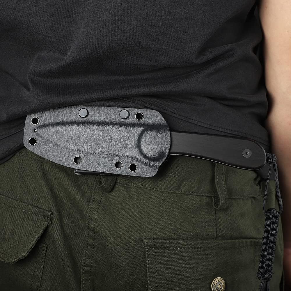 CIVIVI Fixed Blade Elementum Knife 3.98' Damascus Blade, Black Ebony Wood Handles, Belt Knife with Kydex Sheath, Tied Paracord Lanyard, Clip for Outdoor EDC C2105-DS1
