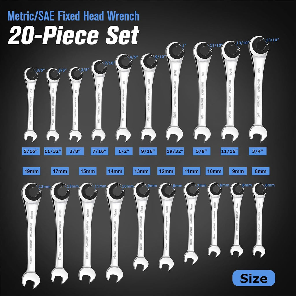 LOSCHEN Metric and SAE 20PCS Ratcheting Combination Wrench Set, Spanner Set with Open End, CR-V Steel Ratcheting Tubing Wrench Set with 72-Tooth Gear