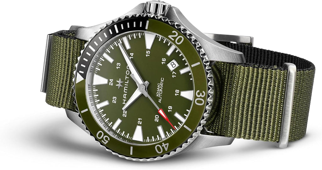 Hamilton Khaki Navy Automatic Men's Watch, 40mm Stainless Steel Case, Swiss Made, Green Dial Analog Wrist Watch for Men, 100m Waterproof, Sapphire Crystal, 3-Hand Movement, Textile Strap