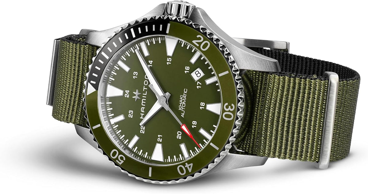 Hamilton Khaki Navy Automatic Men's Watch, 40mm Stainless Steel Case, Swiss Made, Green Dial Analog Wrist Watch for Men, 100m Waterproof, Sapphire Crystal, 3-Hand Movement, Textile Strap