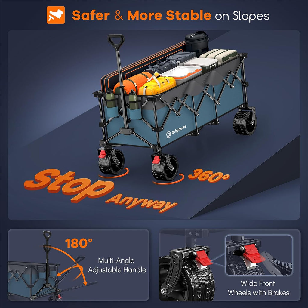 48' L Folding Beach Wagon Cart Foldable, 560lbs Weight Capacity 300L Heavy Duty Collapsible Wagons with Big All-Terrain Wheels, Utility Carts for Groceries, Shopping, Camping, Sports - Grey&Blue