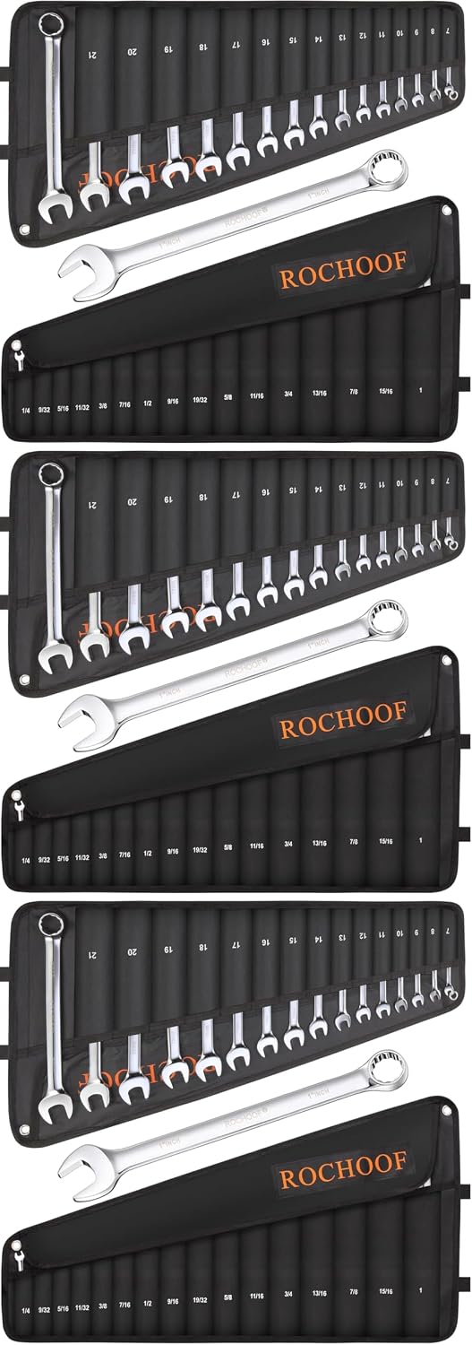 Combination Wrench Set,32-Piece Chrome Vanadium Steel Wrench Set 12-Point SAE & Metric Wrenches 1/4'-1' and 7-22mm with Rolling Pouch (Pack of 3)