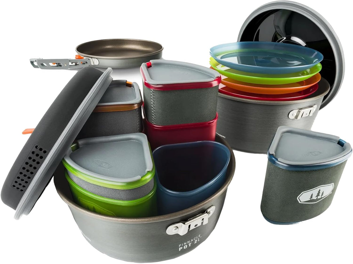 GSI Outdoors Pinnacle Ceramic Camper Cookware Set, 4-Person Camping Cookware with Non-Stick Pots, Frypan, Bowls, Plates & Nesting Design
