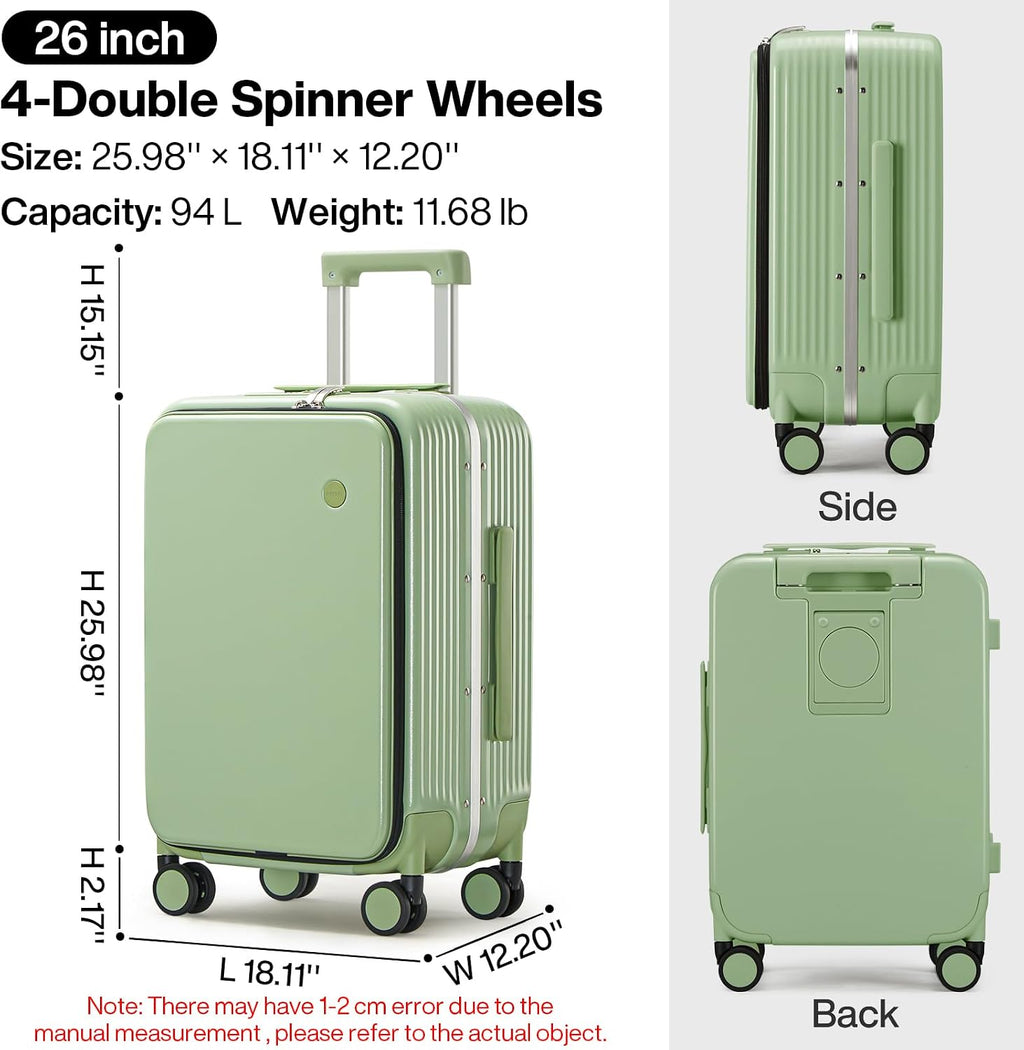 mixi Large Checked Luggage with Cup Phone Holder and Charger Hard Shell Suitcases with Spinner Wheels, 26 Inch Avocado Green