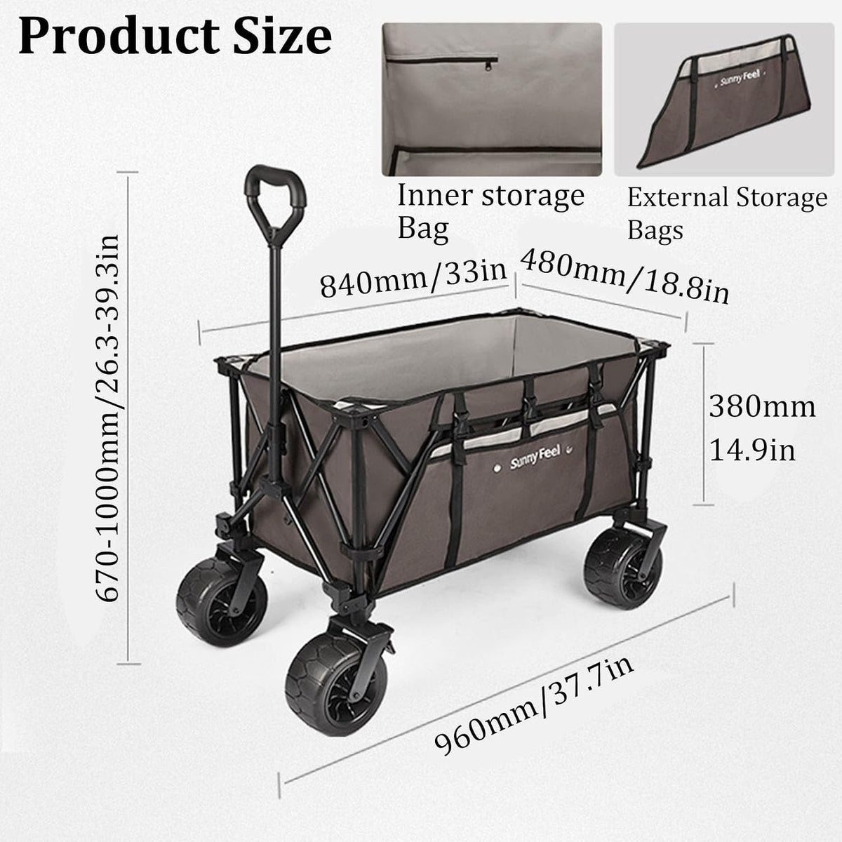 Garden Carts,Dark Gray Collapsible Wagon,Sports Outdoor Utility Wagon Garden Wagon Sports Heavy Duty Steel Frame Foldable Yard Car and 90Kg Load