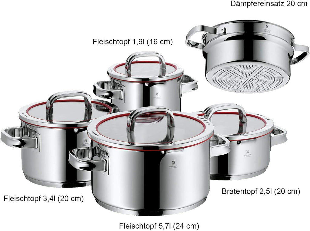 WMF 760056380 Function 4 Cookware Set with Steamer Insert, Stainless Steel, Transparent, 20 cm, 5 Units