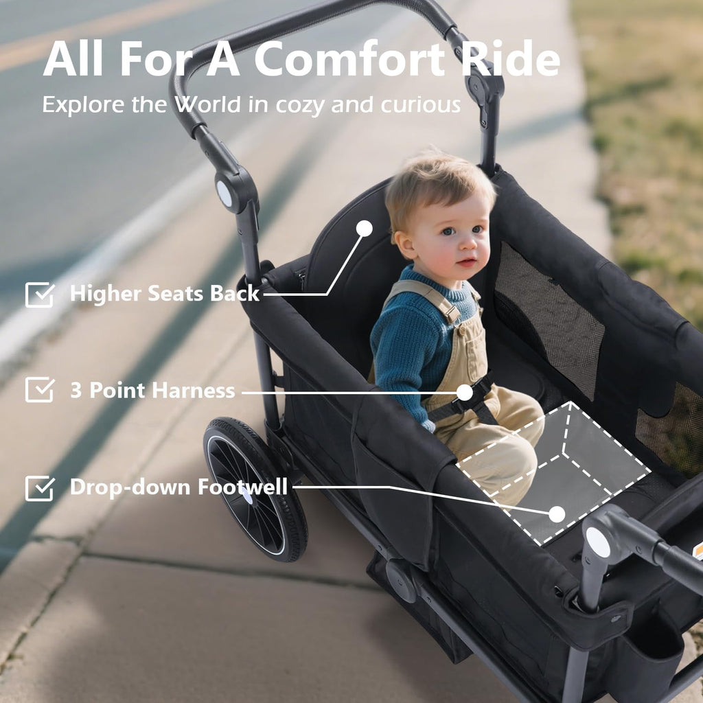 Kinder King Folding Wagon Stroller for 2 Kids, All-Terrain 2 Seater Stroller Wagon Outdoor, Removable Canopy, Adjustable Handle, Shock-Absorbing Wheel, Detachable Tray, Parent Organizer, Black