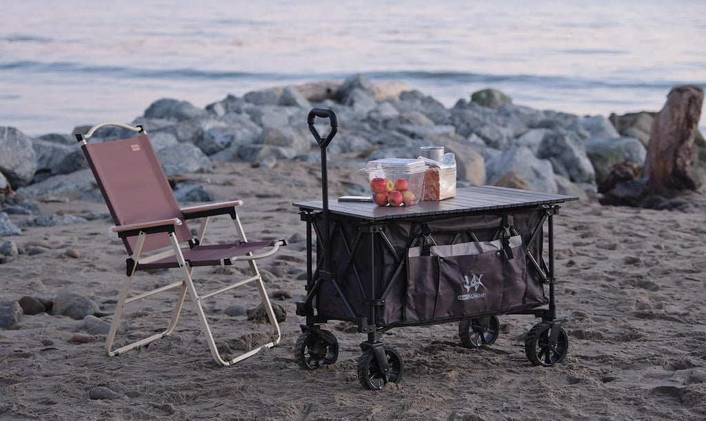 Whitsunday Folding Collapsible Utility Wagon, 400Lbs Heavy Duty Outdoor Park Beach Wagon with Table and Side Pocket for Garden Camping Sports Shopping Grey