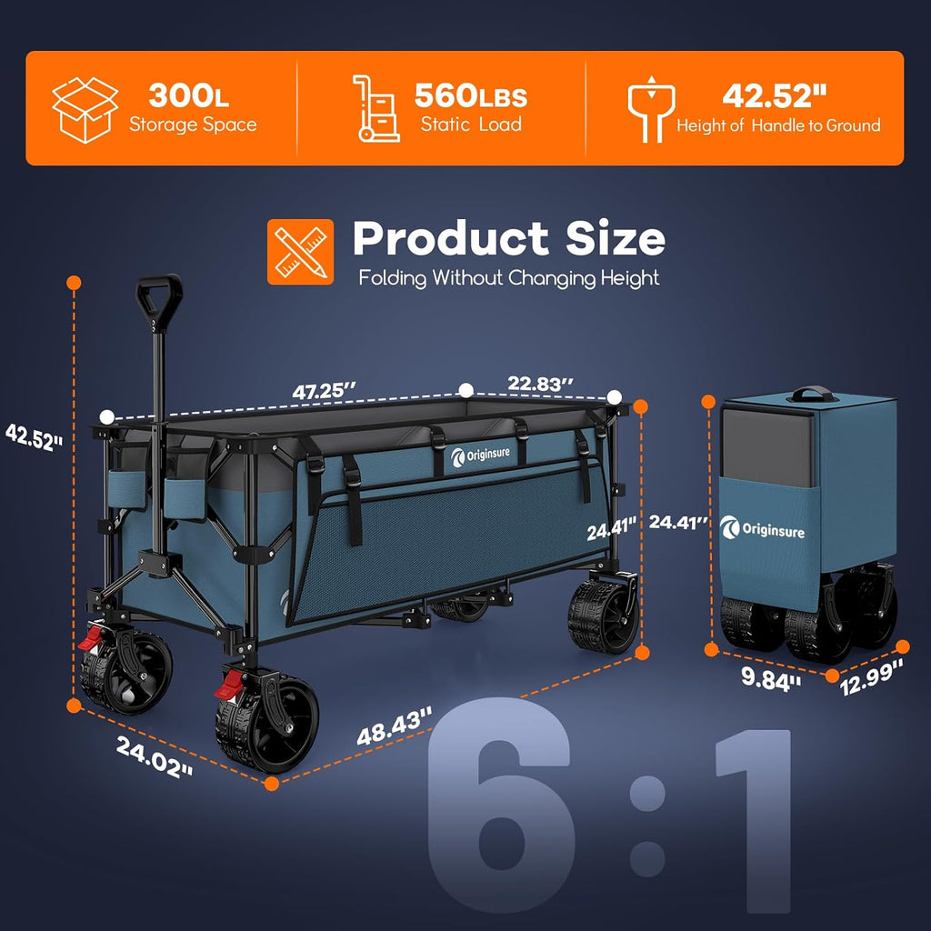 Originsure 48' L Collapsible Wagon Cart Foldable, 560lbs Weight Capacity 300L Heavy Duty Folding Beach Wagons with Big All-Terrain Wheels, Utility Carts for Groceries, Camping, Sports - Grey&Blue
