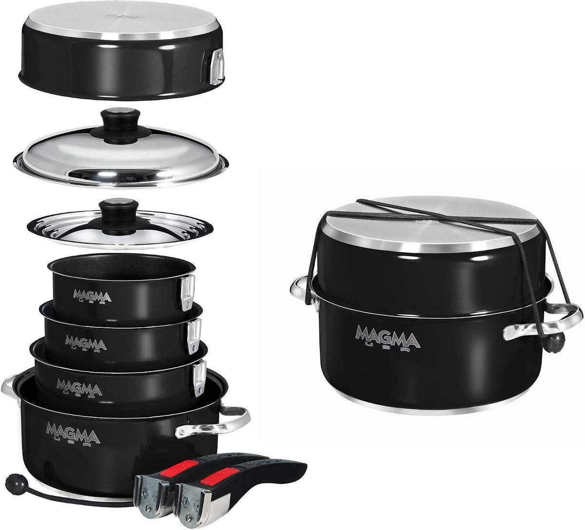 Magma 10 Piece Gourmet Nesting Stainless Steel Cookware Set with Ceramica Non-Stick, Induction Compatible, Oven Safe to 500°F - Suitable for All Stovetops, Removable Handles, Jet Black