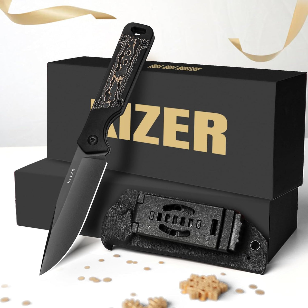 Kizer Militaw Fixed Blade Knife with Sheath, S35VN Blade Camping Knife with Aluminium+Fat Carbon Handle, Fixed Blade EDC Knives for Men Women Gift, Outdoor Hunting Hiking Survival Knives 1067A1