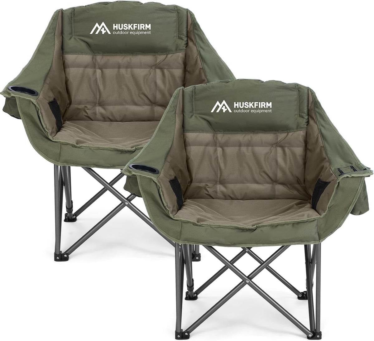 Huskfirm 2 Pack Camping Chairs Oversized Padded Camping Chair Heavy-Duty Foldable Camping Chairs with Cup Holder and Cooler Bag Portable Lawn Chair for Sports Outdoors-Support 450LBS,Green