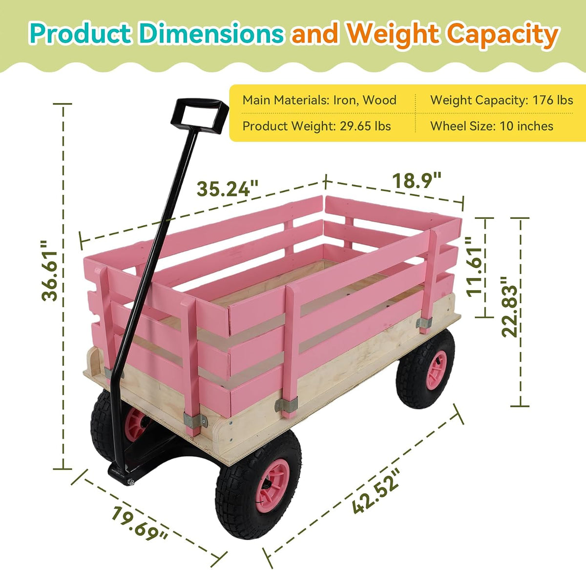 Garden Cart with Removable Side Panels, 176 lbs Capacity - Heavy-Duty Steel Yard Cart with Pneumatic Tires, Ideal for Gardening, Beach Use, and More (Pink-Black Handle)