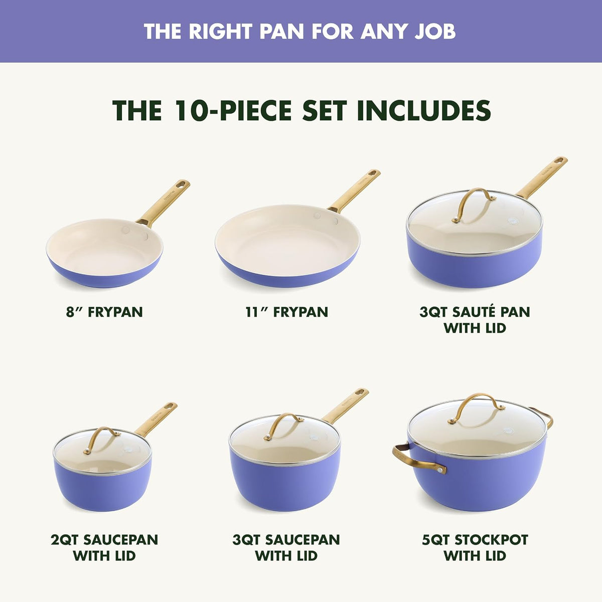 GreenPan Hard Anodized Healthy Ceramic Nonstick 10 Piece Cookware Pots and Pans Set, Gold Handle, PFAS-Free, Dishwasher Safe, Oven Safe, Periwinkle