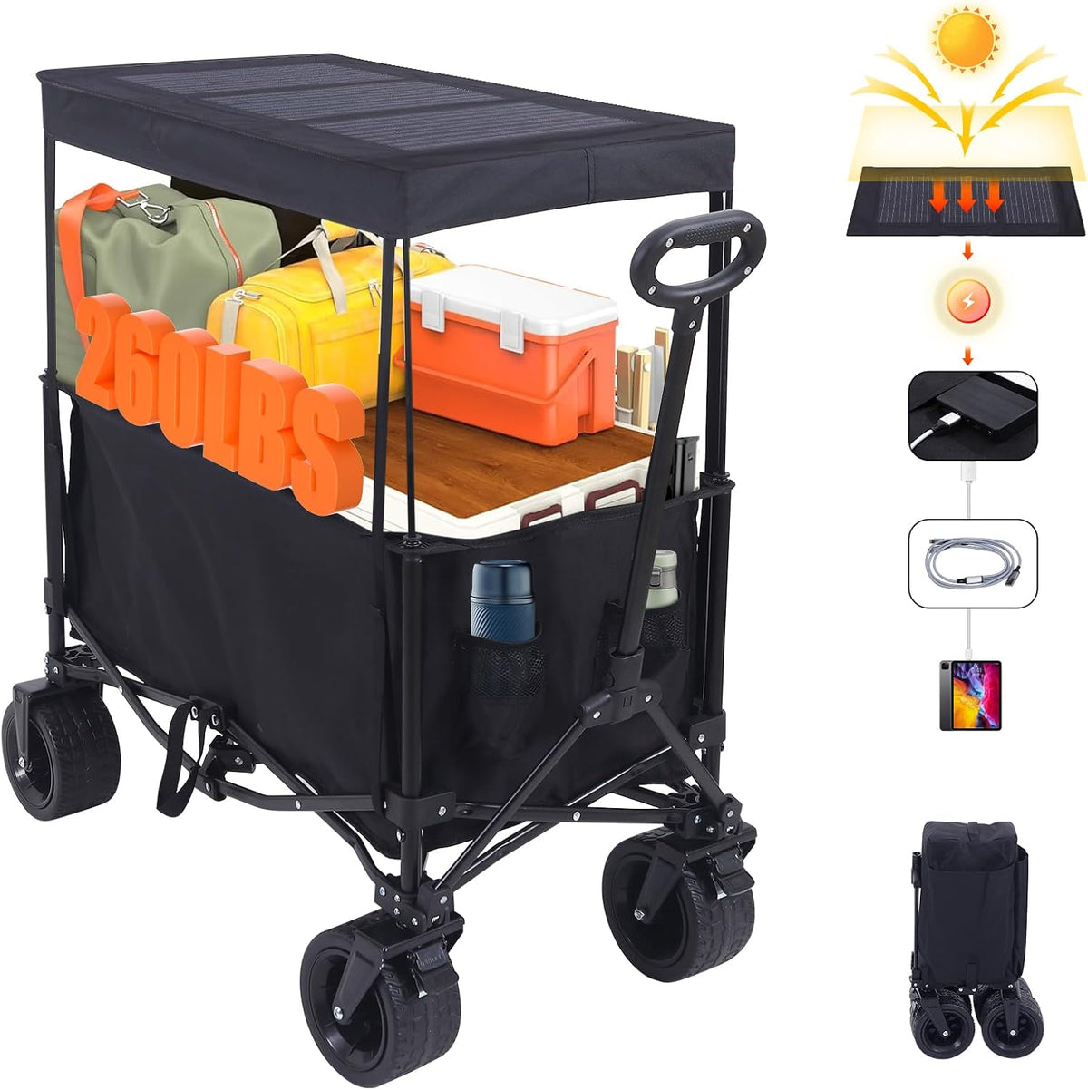 Collapsible Wagons Carts Foldable, Foldable Wagons, Wagon with Canopy, Wagon Carts with Solar Panel Canopy + Chair with Shade, Chair with Canopy, Sports Chairs, Folding Chairs for Outside with Canopy