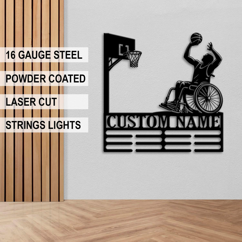 Custom Wheelchair Basketball Medal Holder LED Light, Wheelchair Basketball Player Name Medal Hanger Display, Rack For Tiered Award Ribbon, Metal Sign Gift For Athlete