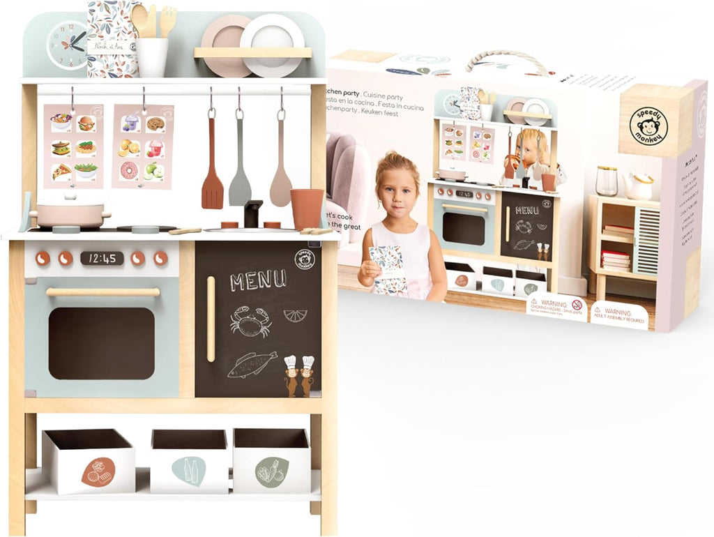 SPEEDY MONKEY Wooden Play Kitchen Set for Pretend Play | 20-Piece Kids Cooking Set with Wooden Food & Cookware Accessories | Supports Imaginative Play & Social Skill Development for Kids Ages 3+