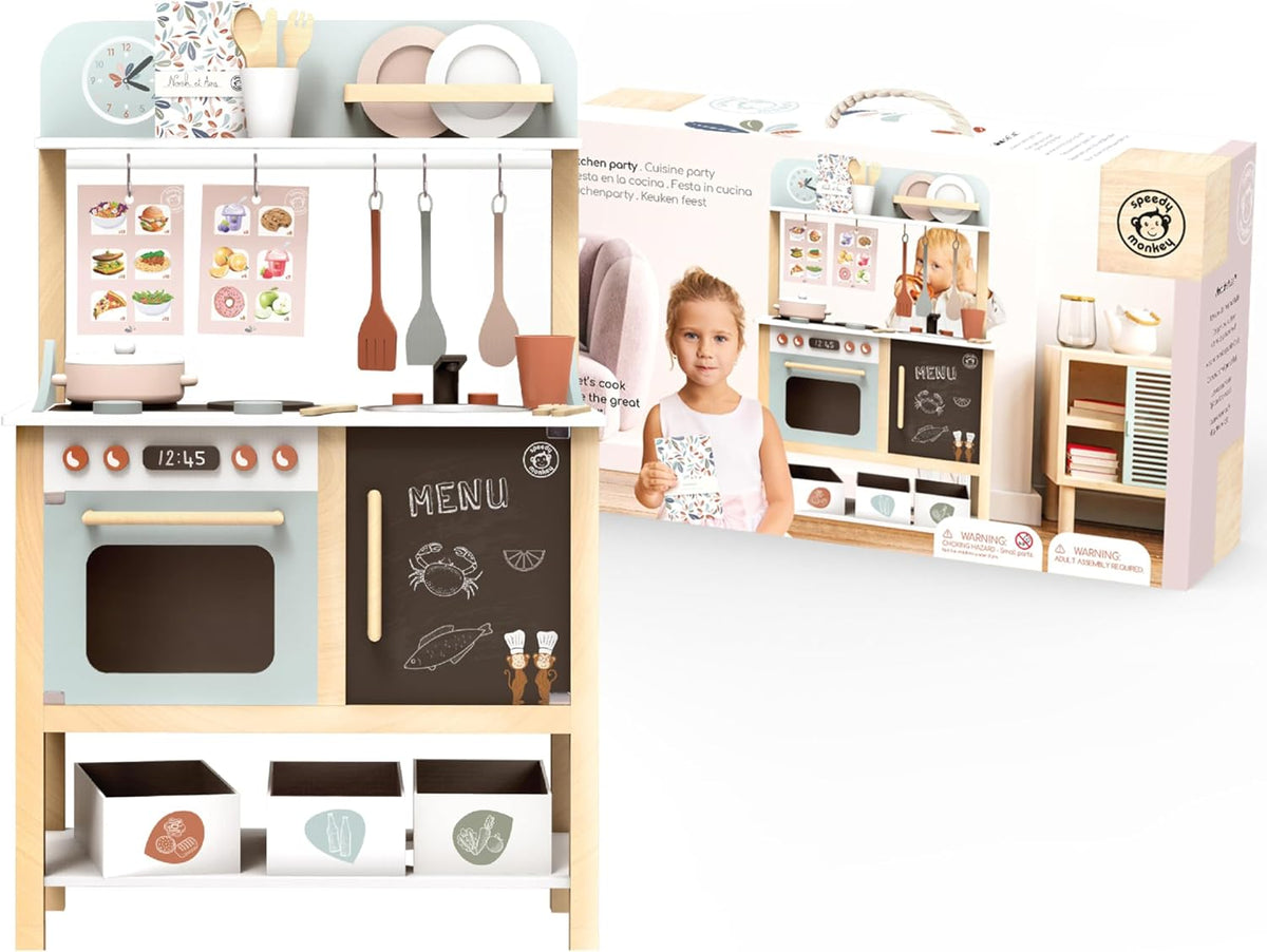 SPEEDY MONKEY Wooden Play Kitchen Set for Pretend Play | 20-Piece Kids Cooking Set with Wooden Food & Cookware Accessories | Supports Imaginative Play & Social Skill Development for Kids Ages 3+