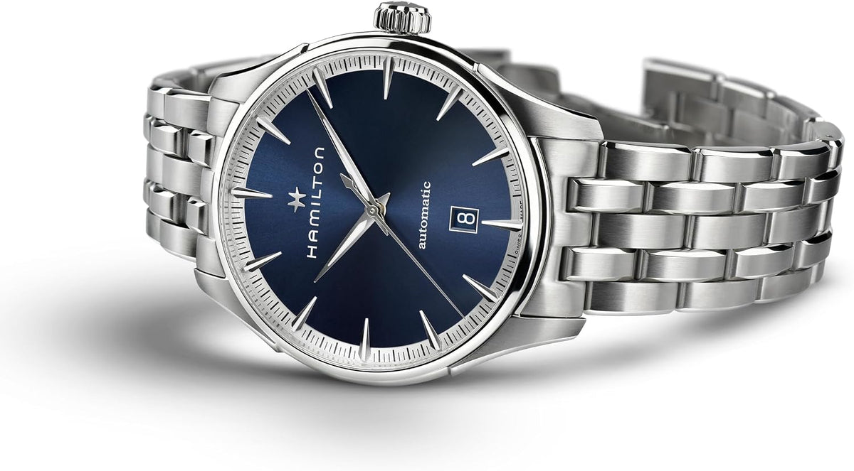 Hamilton Jazzmaster Automatic Men's Watch, 40mm Stainless Steel Case, Swiss Made, Blue Dial Analog Wrist Watch for Men, 50m Waterproof, Sapphire Crystal, 3-Hand Movement, Stainless Steel Strap