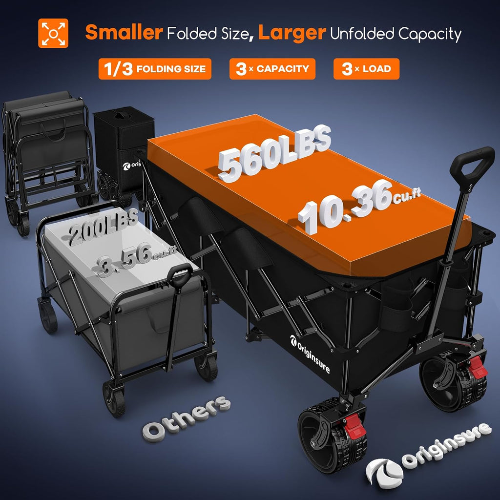 Originsure 48' L Collapsible Wagon Cart Foldable, 560lbs Weight Capacity 300L Heavy Duty Folding Beach Wagons with Big All-Terrain Wheels, Utility Carts for Groceries, Camping, Sports - Black