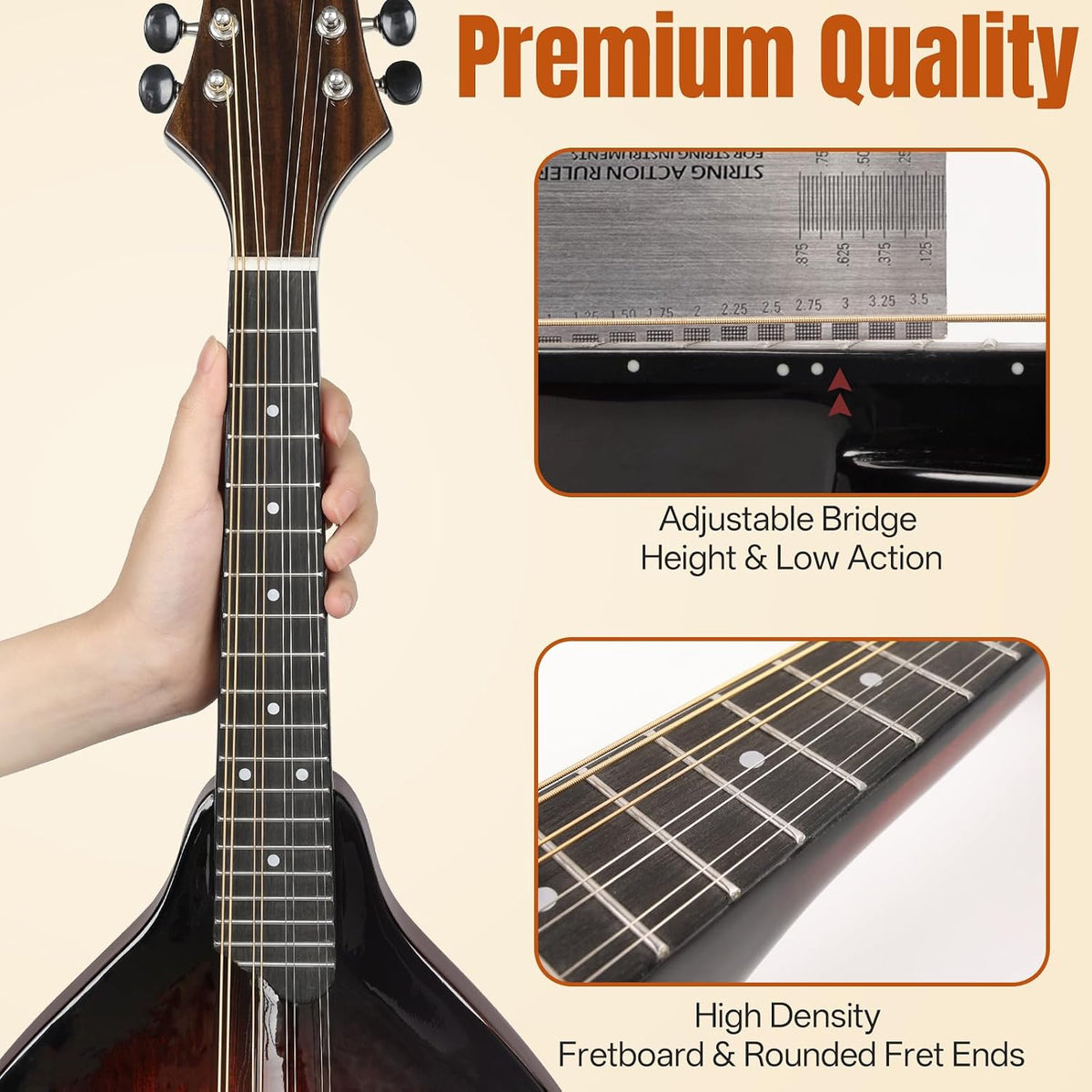 Mandolin Musical Instrument A Style, Acoustic Mandolins Instrument Kit 8 String with Tuner Strap Gig Bag Chord Chart for Professional Beginners Adults Teens Youth