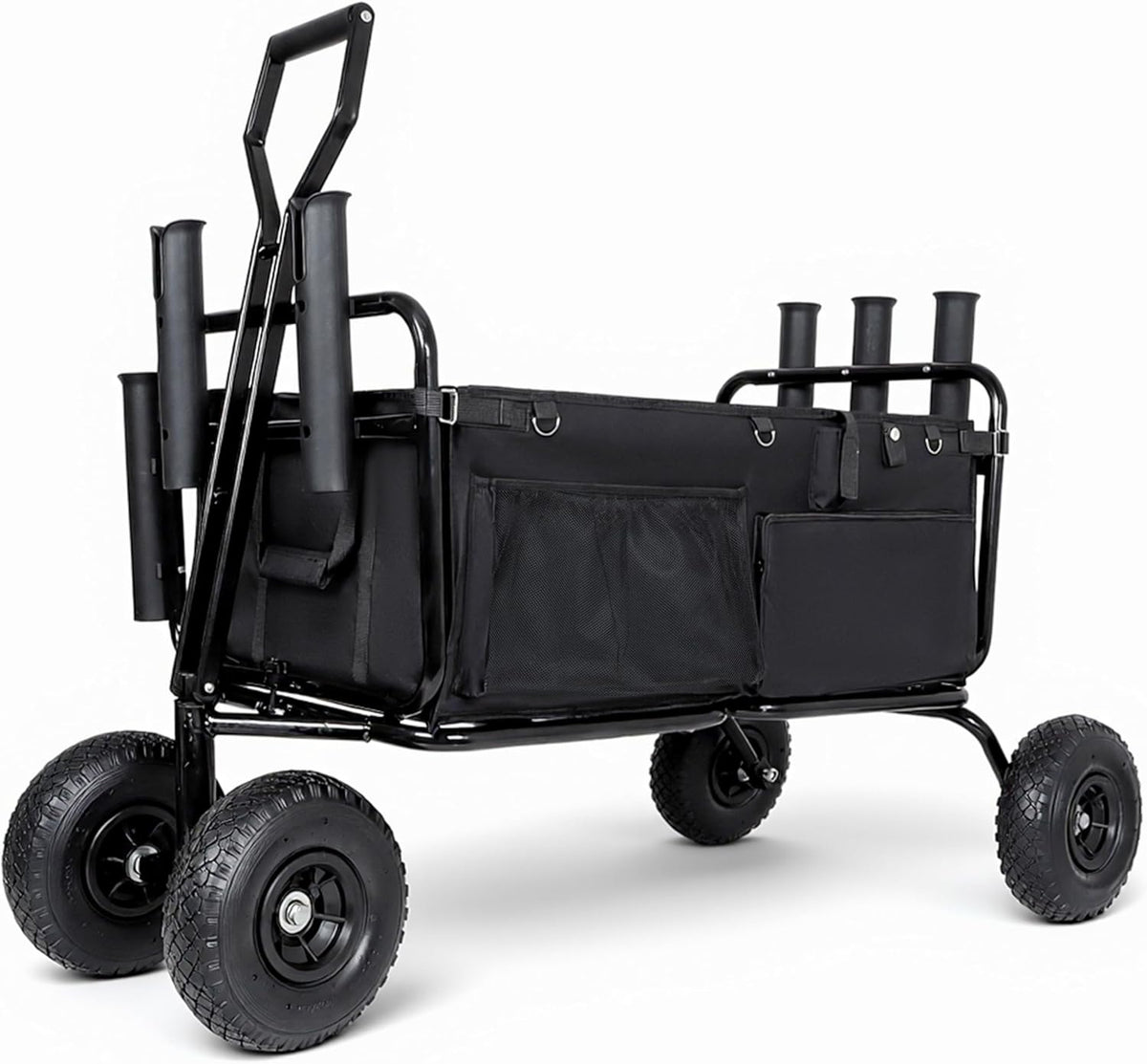Fishing Cart Beach Cart Collapsible Wagon with 9.85' All-Terrain Wheels for Sand, Heavy Duty Foldable Utility Cart 550LBS Capacity with Rod Holders for Camping, Garden, Grocery, Outdoor Sports(Black)