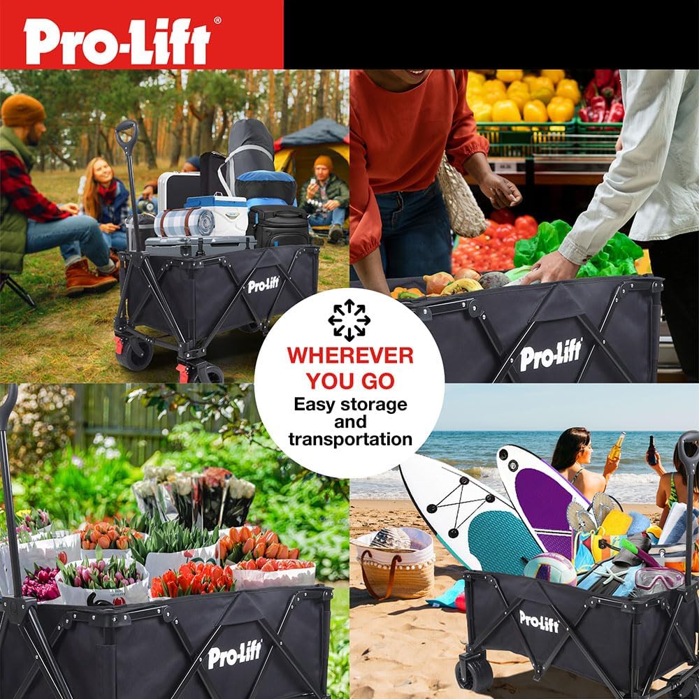 Pro-Lift Collapsible Folding Wagon– Beach Cart Large Capacity, Heavy Duty Folding Wagon Portable, for Outdoor Sports, Grocery, Camping, Shopping, Garden, Sports, Load up to 330LBS