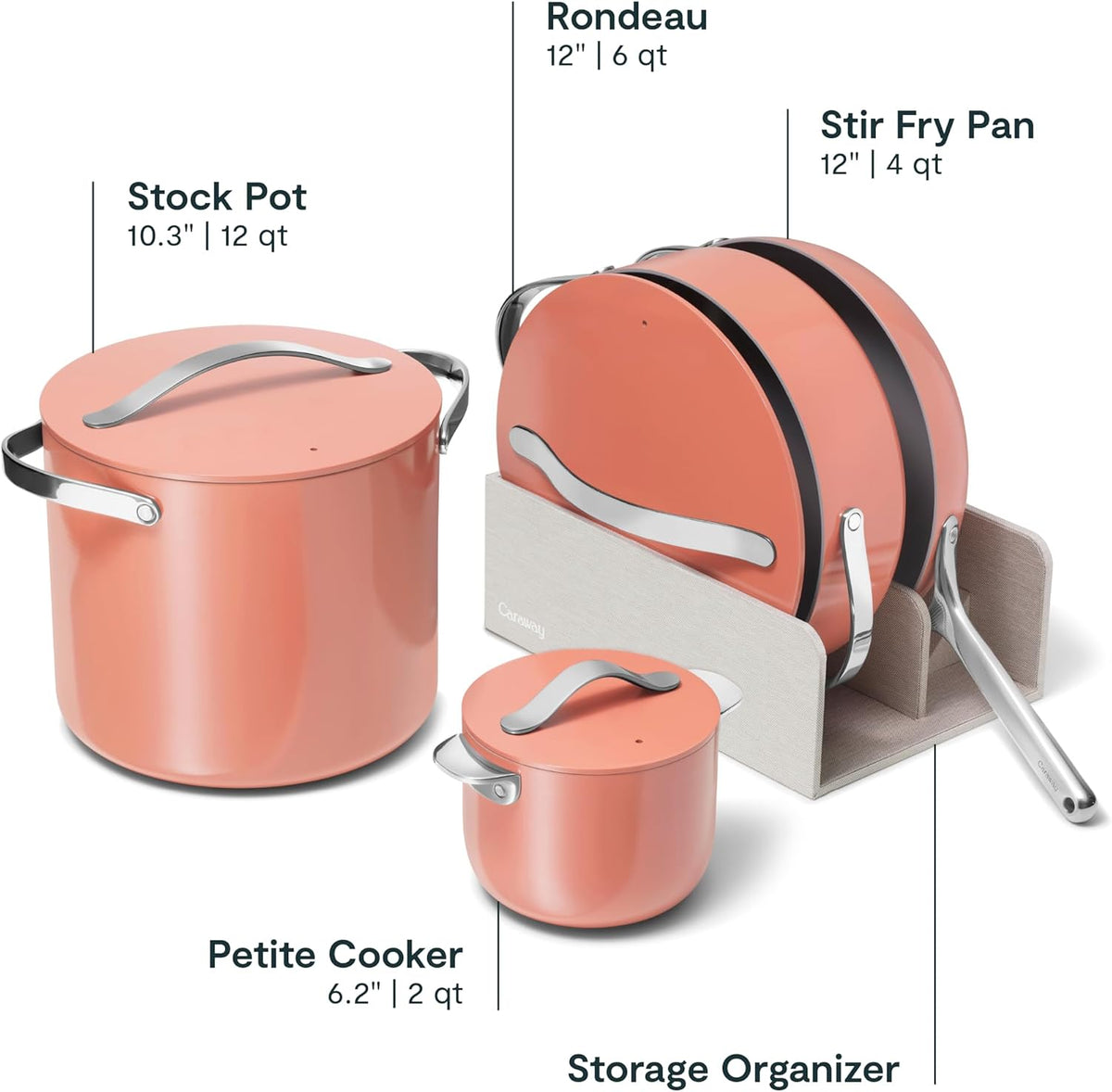 Caraway Cookware+ Collection - Specialty Cookware Set - Petite Cooker, Stir Fry Pan, Rondeau, & Stock Pot - 3 Lids & Storage Organizer Included - Perracotta