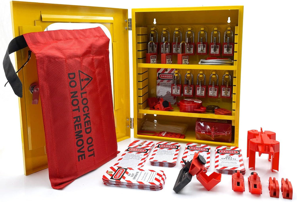 SAFBY Lockout Tagout Station Kit Board Locks 80pcs,Lock Out Tag Out Loto Hasps,Tags,Circuit Breaker Lockout,Ball Valve Lockout,Electrical Plug Lockout,Steel Cable Lockout (Big Yellow Station)