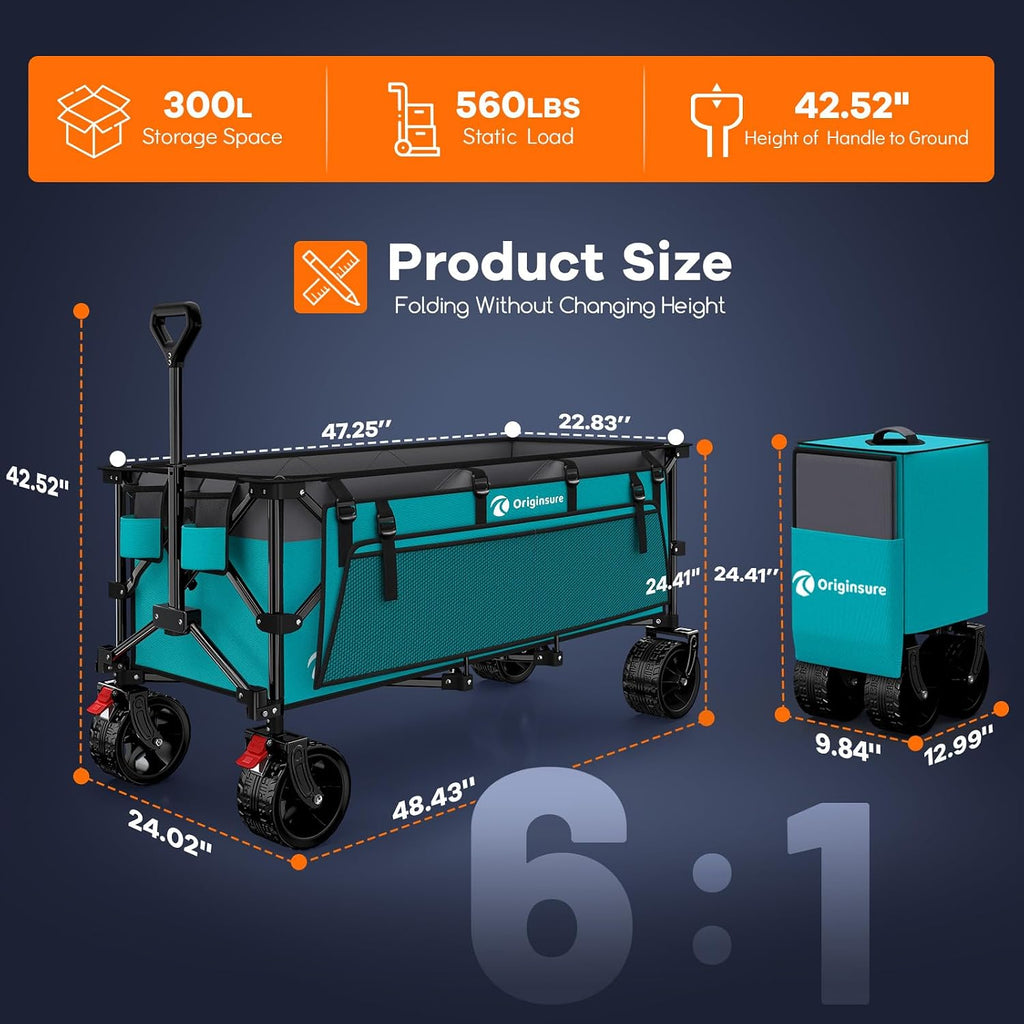 Originsure 48' L Collapsible Beach Wagon Cart Foldable, 560LB Weight Capacity 300L Heavy Duty Folding Wagons with Big All-Terrain Wheels, Utility Carts for Groceries, Camping, Sports - Grey&Turquoise