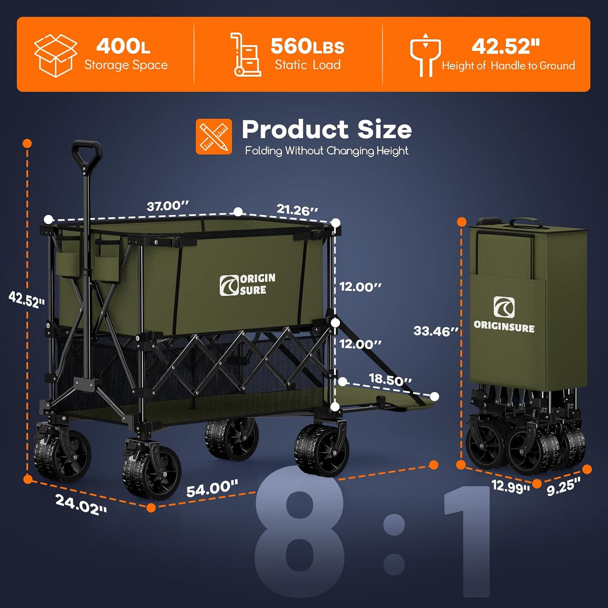 Originsure 400L Double Decker Wagon Collapsible with 54' L Tailgate, 560lbs Heavy Duty Carts Foldable, Extra Large Folding Beach Wagon with Big All-Terrain Wheels for Camping, Sports, Groceries, Green