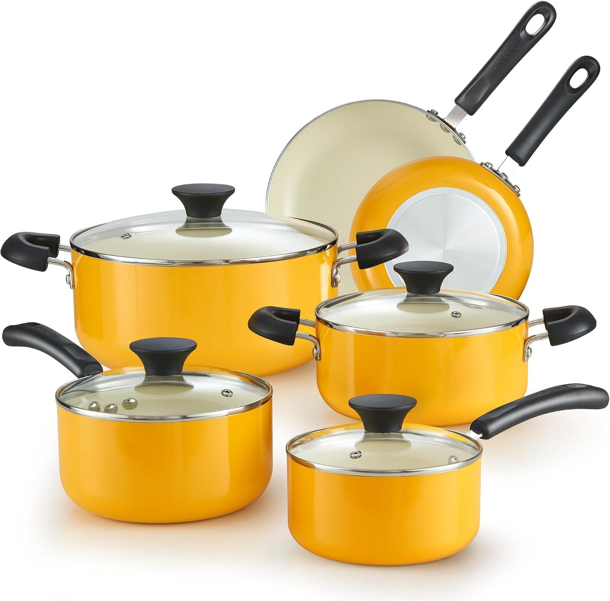 Cook N Home Basics Ceramic Nonstick Pots and Pans Cookware Set, Dutch Ovens and Saucepans with Glass Lid, Frying Pans without Lid, Not Induction, 10-Piece, Yellow