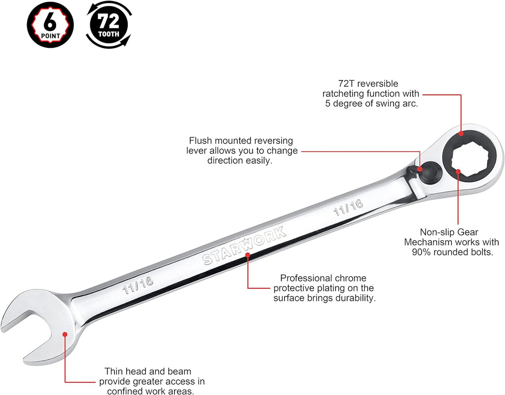 STARWORK TRUE MECHANIC™ 20 Pc. Reversible Ratcheting Wrench Set, Combination Ratchet Wrench Set, Non-Slip, Long Pattern, 6-Point 15° Offset, Professional, SAE/Metric (5/16-3/4' & 8-19 mm)