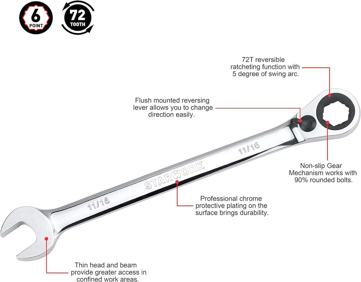STARWORK TRUE MECHANIC™ 20 Pc. Reversible Ratcheting Wrench Set, Combination Ratchet Wrench Set, Non-Slip, Long Pattern, 6-Point 15° Offset, Professional, SAE/Metric (5/16-3/4' & 8-19 mm)