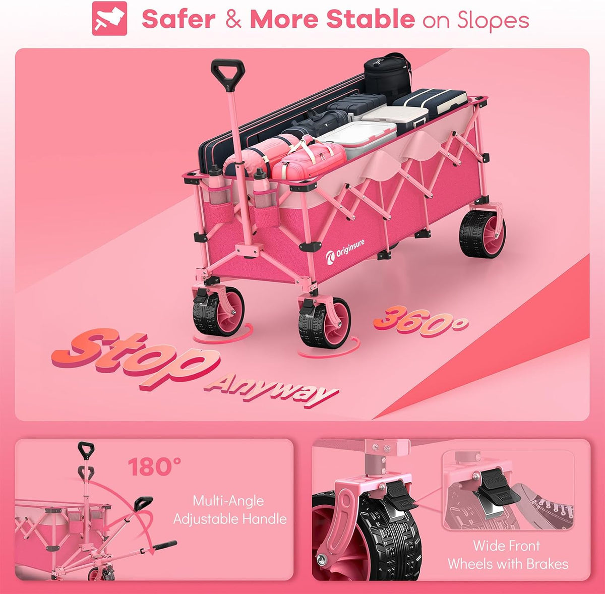 Originsure 48' L Collapsible Beach Wagon Cart Foldable, 560LB Weight Capacity 300L Heavy Duty Folding Wagons with Big All-Terrain Wheels, Utility Carts for Groceries, Camping, Sports - Pink