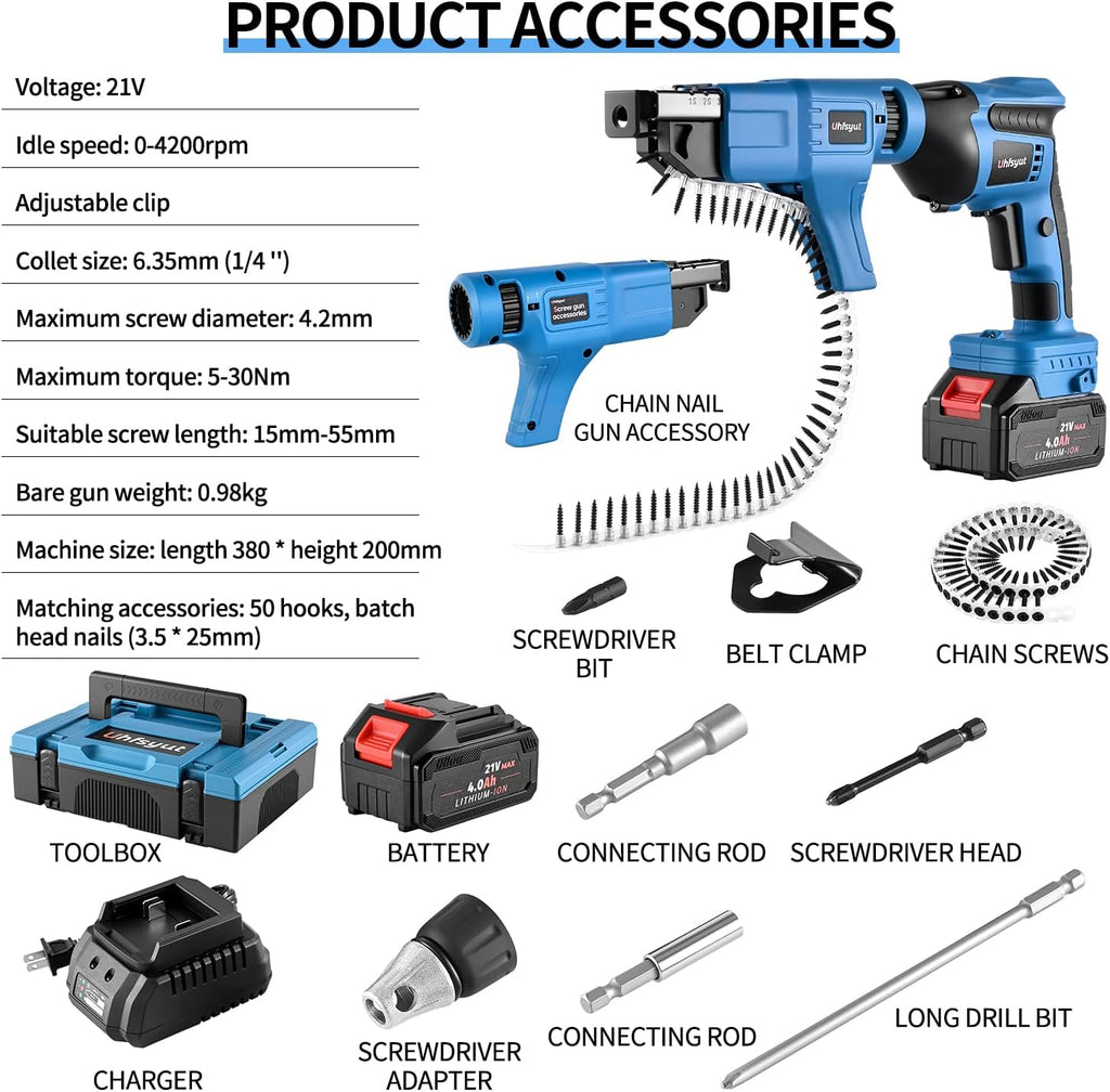 21V Cordless Drywall Screw Gun and Electric Screwdriver - 2-in-1 Self-Feeding Screwdriver, Includes Storage Toolbox and 4.0Ah Battery, Perfect for DIY and Professional Use (One battery set)
