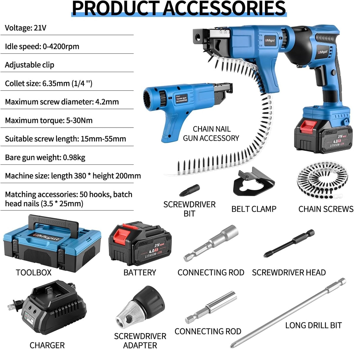 21V Cordless Drywall Screw Gun and Electric Screwdriver - 2-in-1 Self-Feeding Screwdriver, Includes Storage Toolbox and 4.0Ah Battery, Perfect for DIY and Professional Use (One battery set)