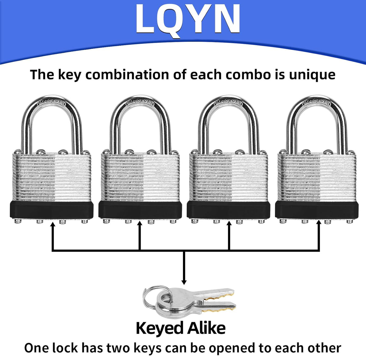 Padlocks with Same Key, LQYN 100 Pcs Laminated Keyed Padlock (1-9/16', 40mm), Keyed Alike Locks, Normal Shackle, for Storage Locker, Hasp Latch, Toolbox, Sheds