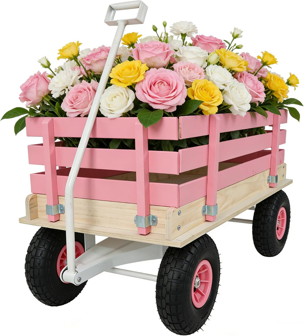 Garden Cart with Removable Side Panels, 176 lbs Capacity - Heavy-Duty Steel Yard Cart with Pneumatic Tires, Ideal for Gardening, Beach Use, and More (Pink-White Handle)