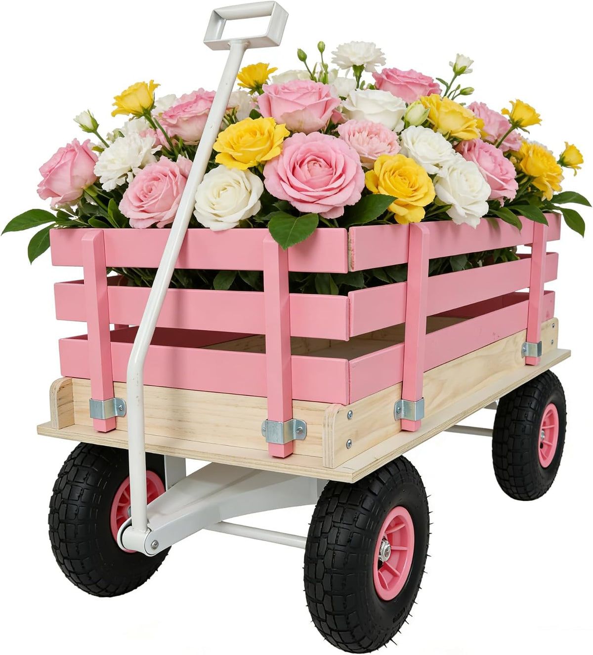 Garden Cart with Removable Side Panels, 176 lbs Capacity - Heavy-Duty Steel Yard Cart with Pneumatic Tires, Ideal for Gardening, Beach Use, and More (Pink-White Handle)
