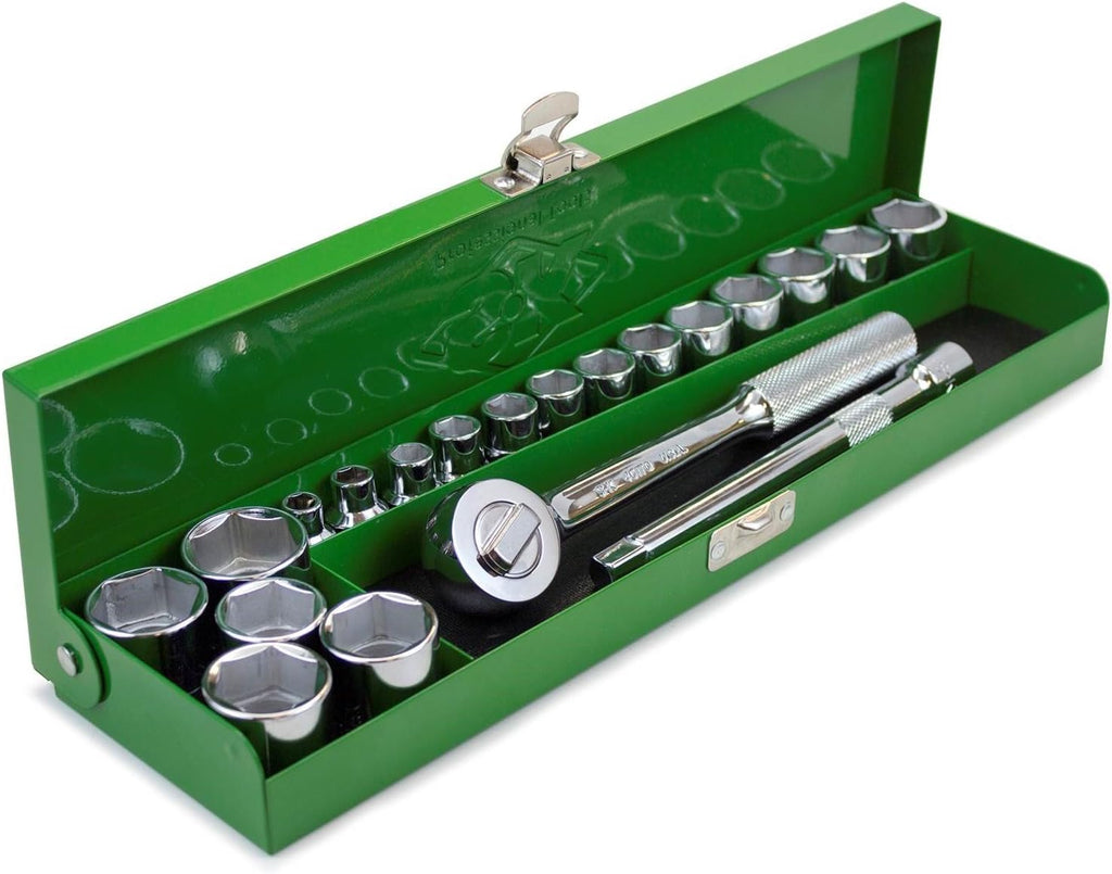 SK Tools USA 3/8' Drive, 20 Piece, 6 Point, Standard Metric Chrome Socket Set in Classic Metal Box: 7MM - 24MM | 94521