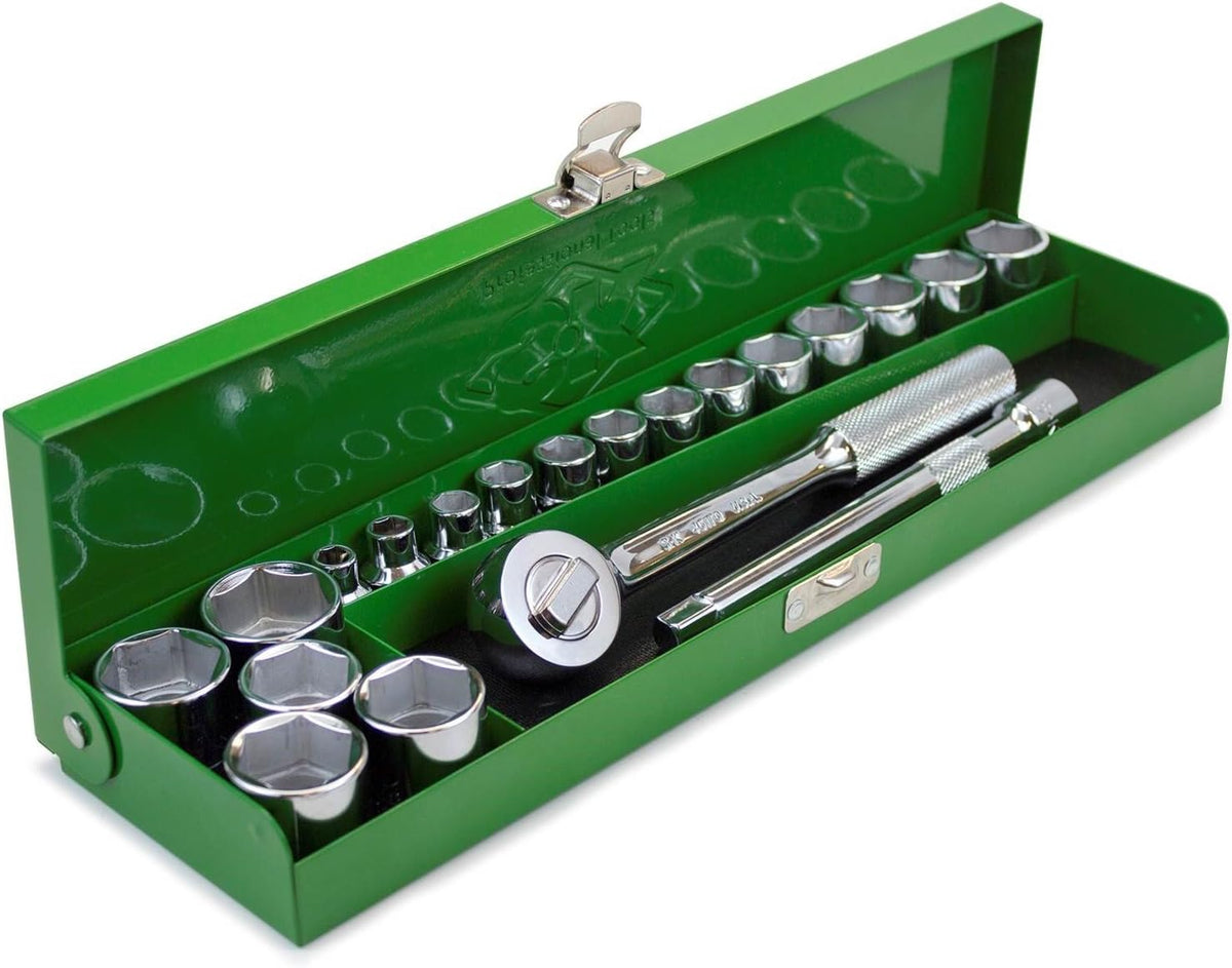 SK Tools USA 3/8' Drive, 20 Piece, 6 Point, Standard Metric Chrome Socket Set in Classic Metal Box: 7MM - 24MM | 94521