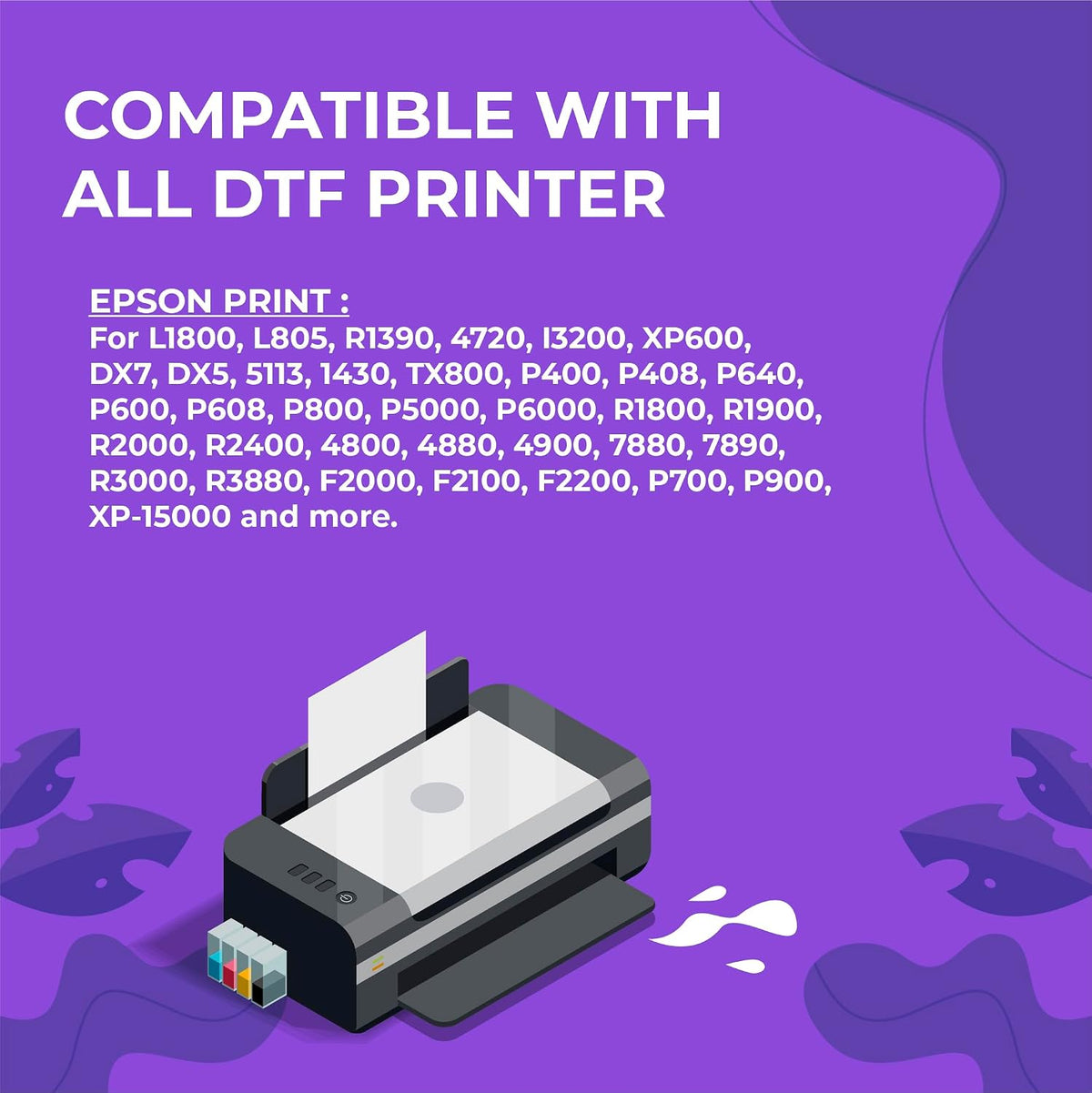 Enlite Premium DTF Ink 1000ML Value Pack, Water-Base Digital Inkjet Ink Refill for Direct to Film Printers with Printhead L1800 L805 R1390 4720 I3200 XP600 DX7 DX5 5113, 6-Pack（2W-1BK-1C-1M-1Y）